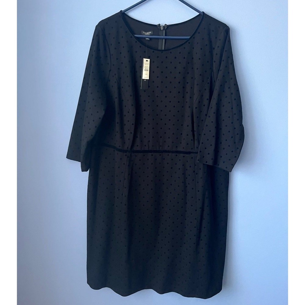 Talbots ponte knit swiss dot print 3/4 sleeve black sheath dress 18WP Petite